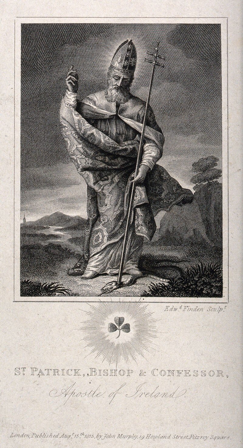 Black-and-white 1815 engraving of Saint Patrick in bishop's vestments holding a staff, with a rural landscape behind him.