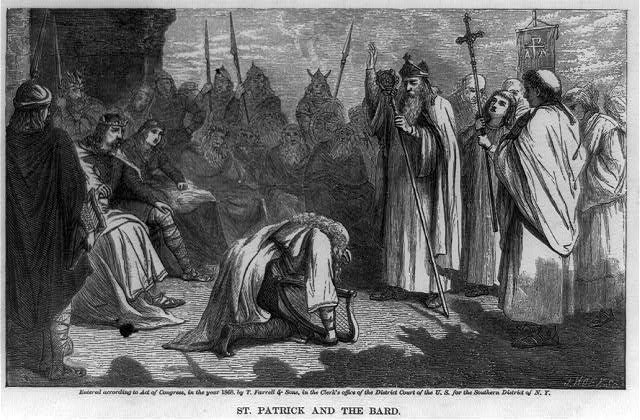 Nineteenth-century engraving showing Saint Patrick in conversation with a bard in a legendary Irish setting.