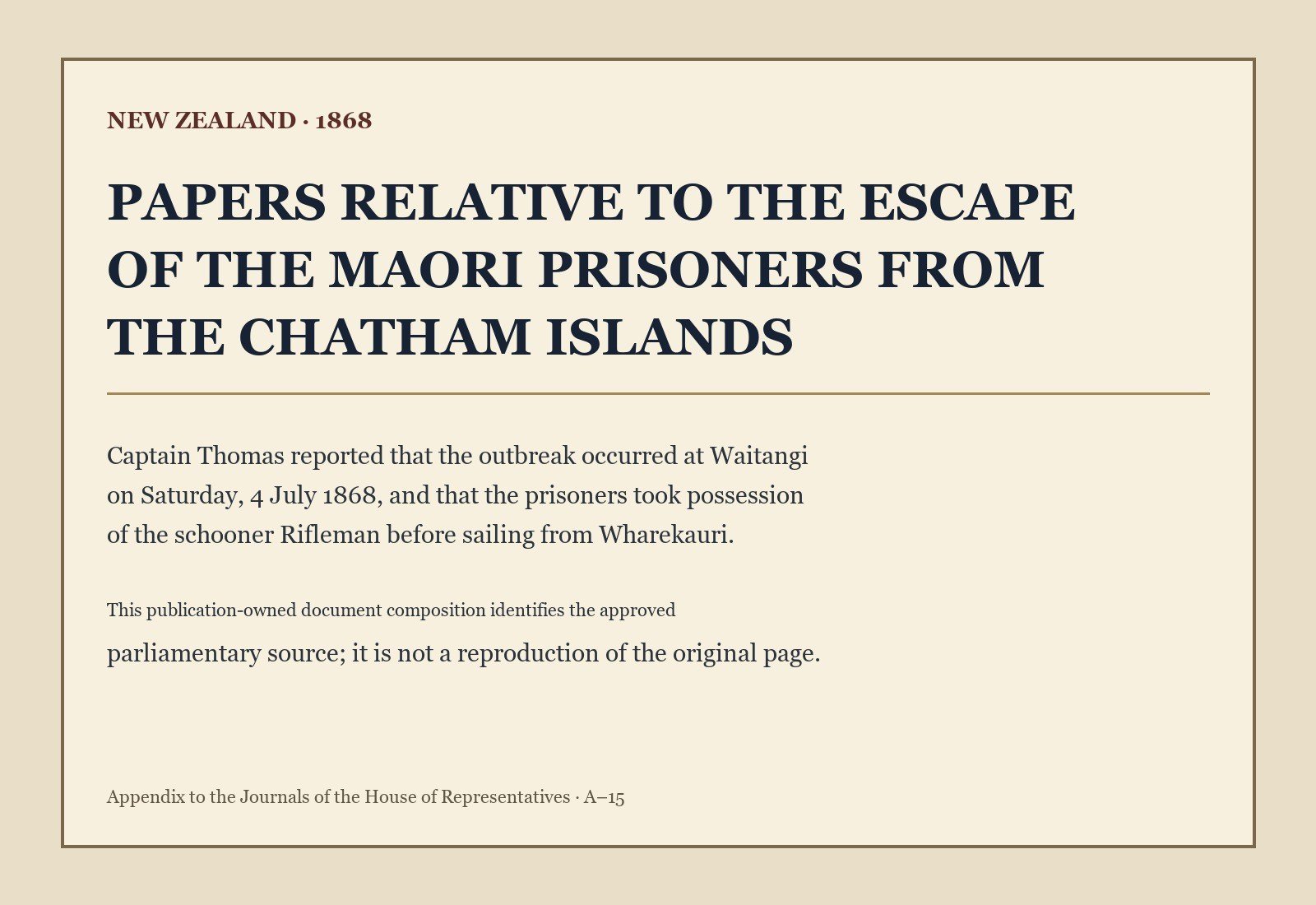Page from the 1868 New Zealand parliamentary report describing the mass escape from Wharekauri.
