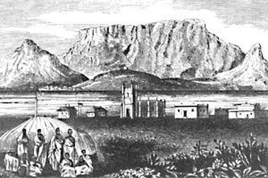 Nineteenth-century engraving showing a group of Xhosa chiefs held as prisoners on Robben Island.