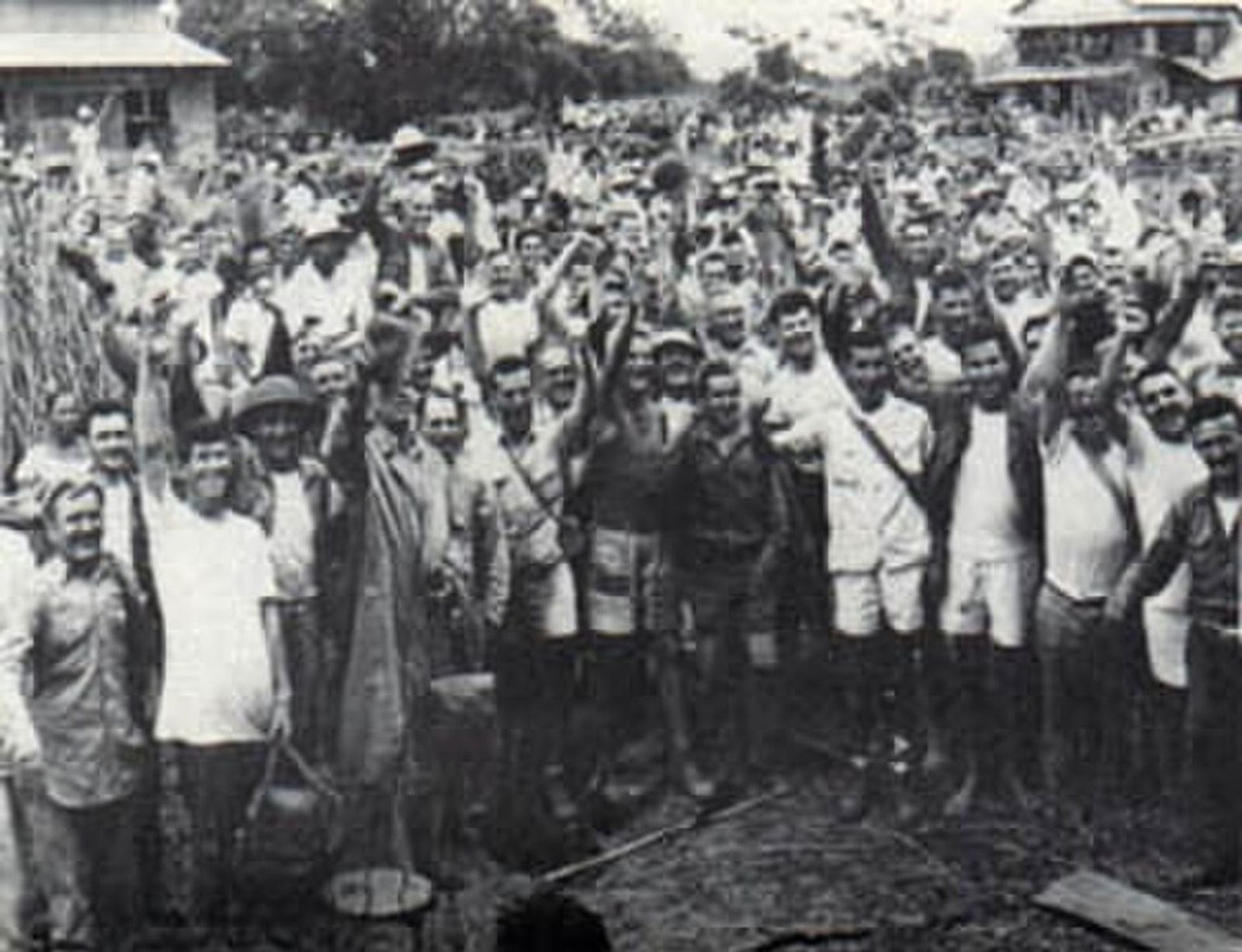 Former prisoners from the Cabanatuan POW camp gathered after their liberation in January 1945.