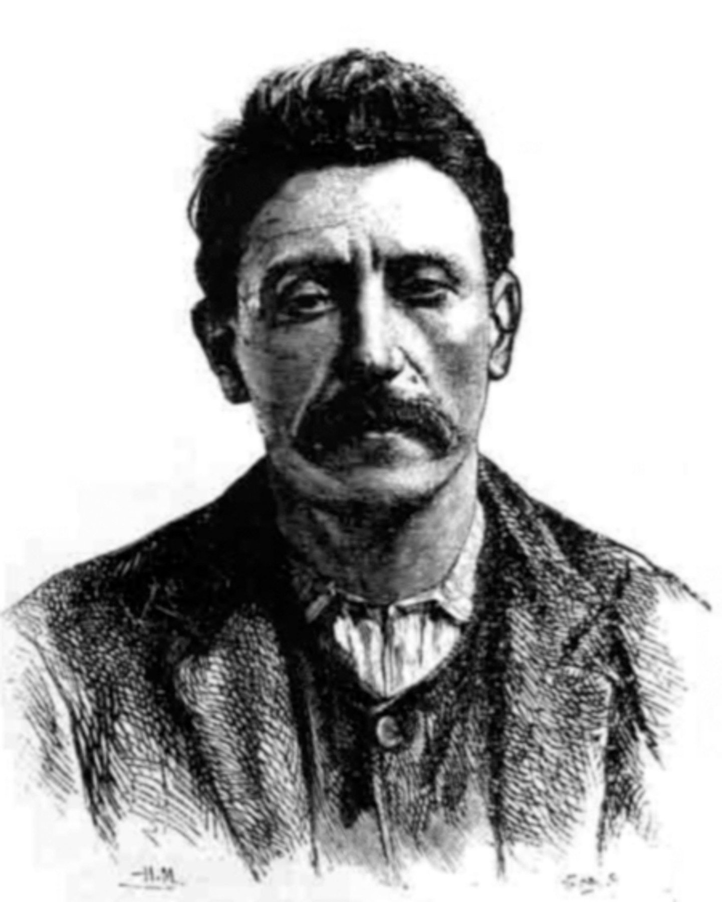 Black-and-white engraved portrait of Clément Duval with dark hair and a moustache, wearing a jacket and buttoned shirt.