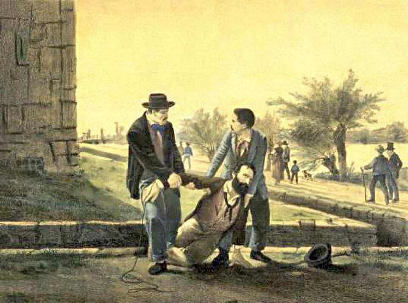 Nineteenth-century lithograph showing Felice Orsini being supported by two men after his escape from Mantua.