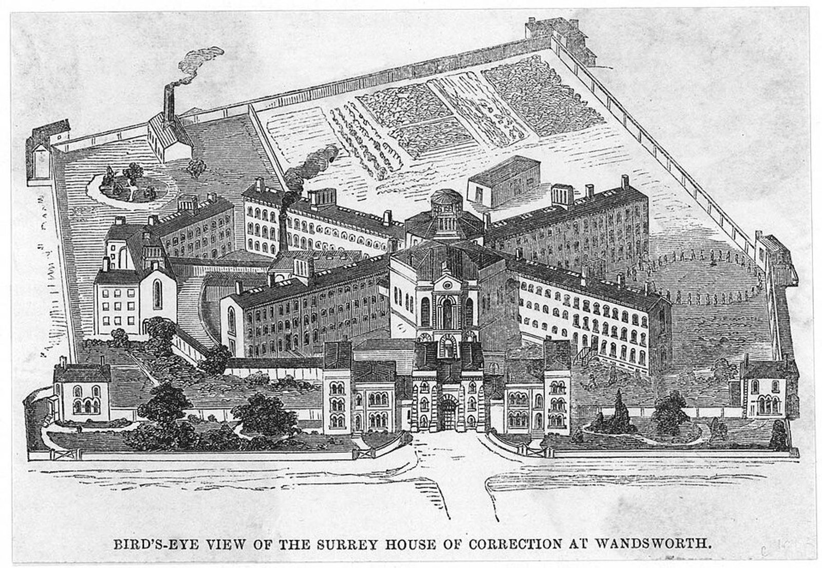 Nineteenth-century bird’s-eye illustration of the Surrey House of Correction at Wandsworth, showing radiating prison wings inside the perimeter.