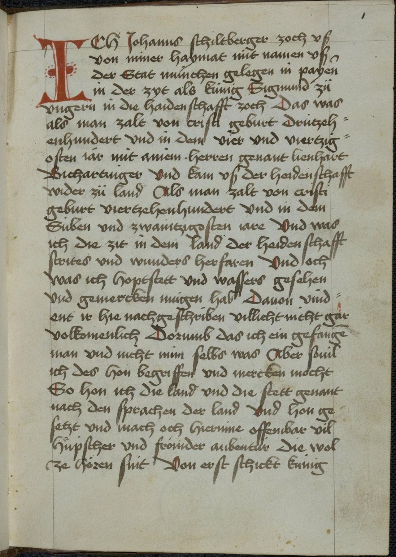 Opening folio of a circa-1480 manuscript copy of Johann Schiltberger’s Reisebuch, written in late-medieval German script with a large red initial.