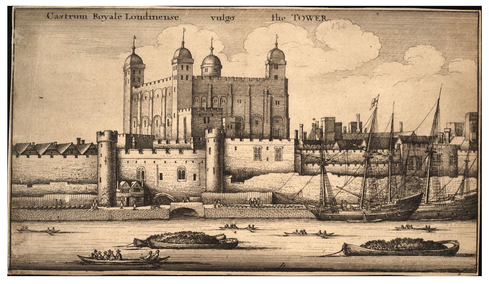 Seventeenth-century engraving by Wenceslaus Hollar showing the Tower of London from across the River Thames.