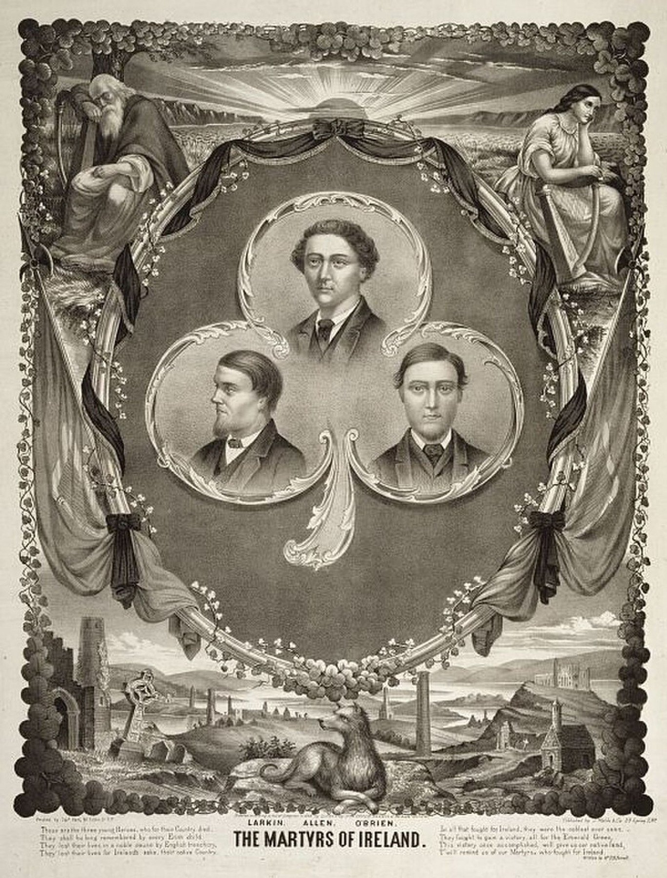 Circa-1869 commemorative print titled The Martyrs of Ireland with portraits of Michael Larkin, William Allen and Michael O'Brien framed by shamrocks and allegorical Irish imagery.