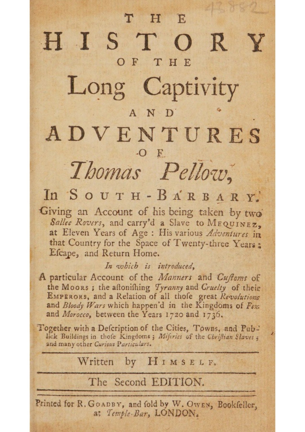 Title page of Thomas Pellow’s eighteenth-century captivity narrative, describing his capture at age eleven, twenty-three years in Morocco, escape, and return home.