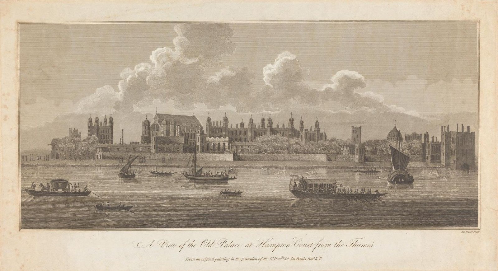 Engraved view of Hampton Court Palace across the River Thames, with several boats on the water in the foreground.