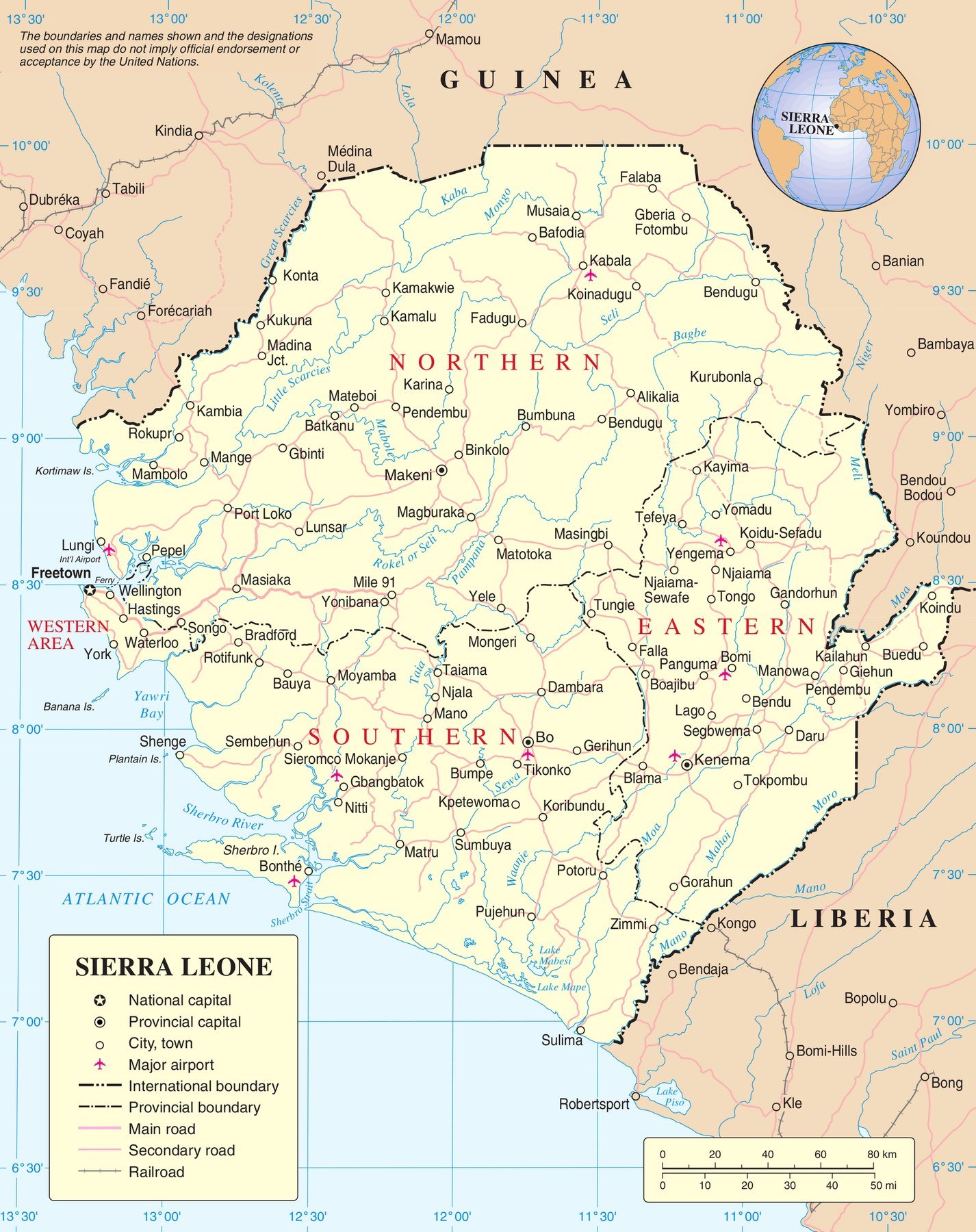 United Nations map showing Sierra Leone’s national geography, cities, roads, rivers, and international borders.
