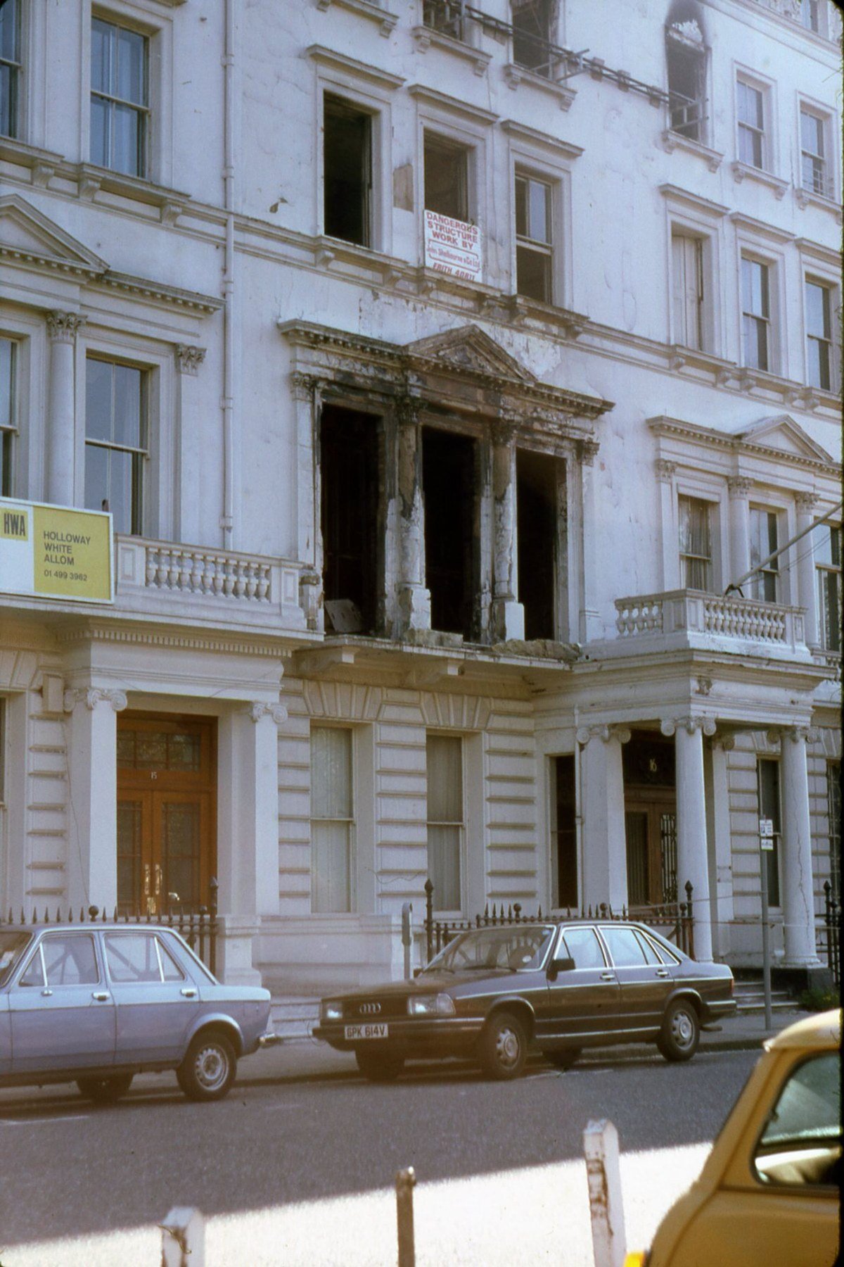 Fire-damaged facade of the Iranian Embassy at 16 Princes Gate in London after the 1980 siege.