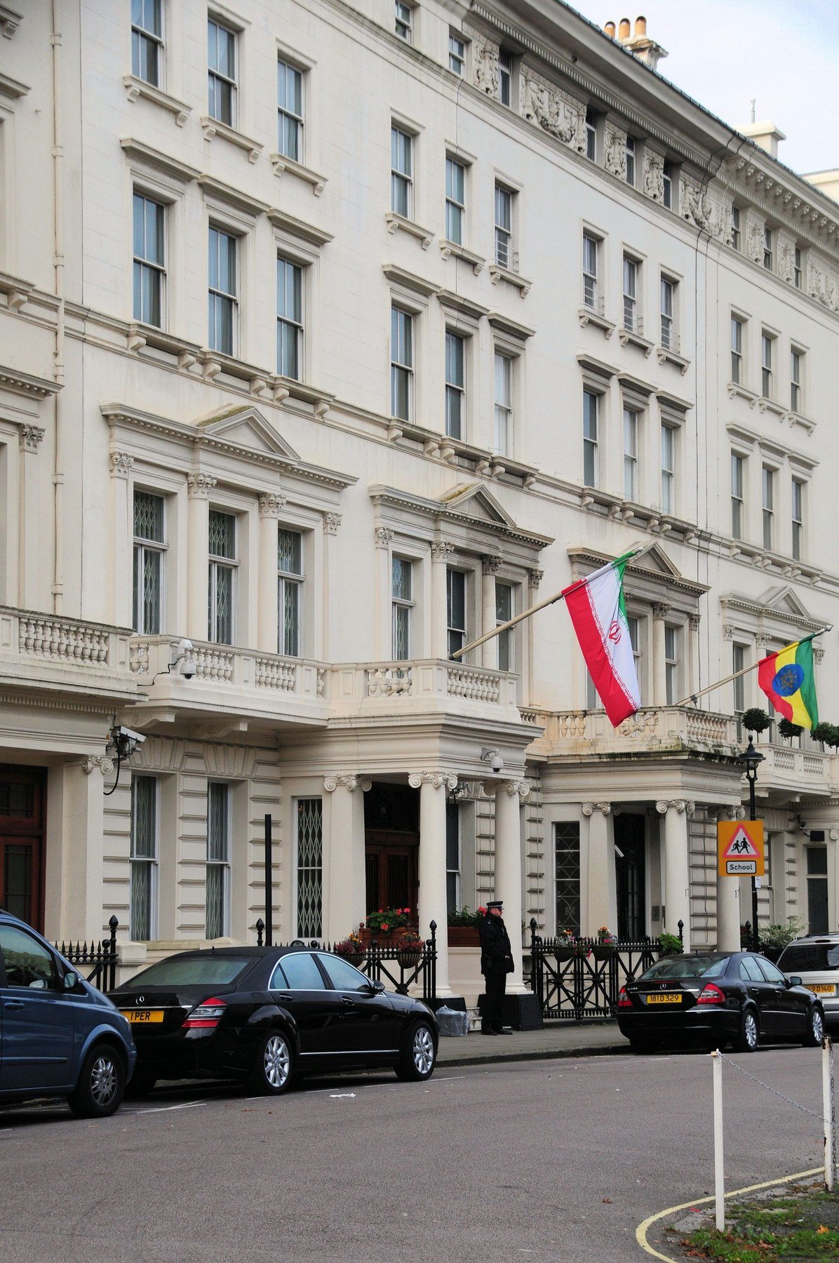 Restored Iranian Embassy at 16 Princes Gate in London in 2008, with the Iranian flag hanging from the facade.