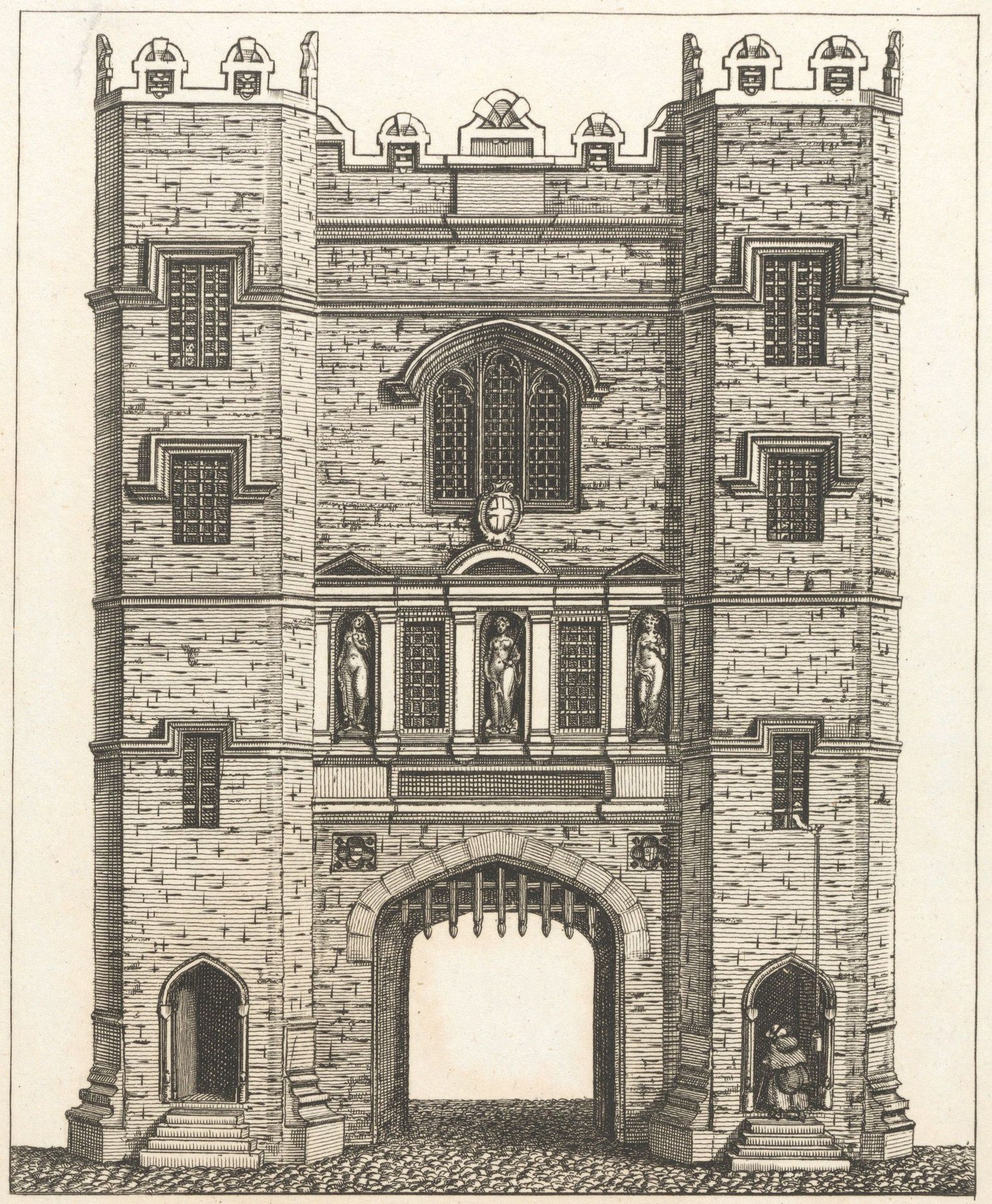 Historical engraving of the old Newgate Prison gatehouse in London, with twin towers and a central arched entrance.