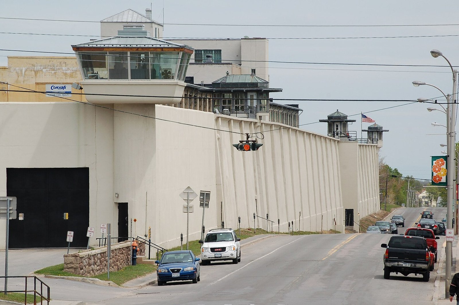 Exterior walls and perimeter buildings of Clinton Correctional Facility in Dannemora, New York, photographed from Cook Street.