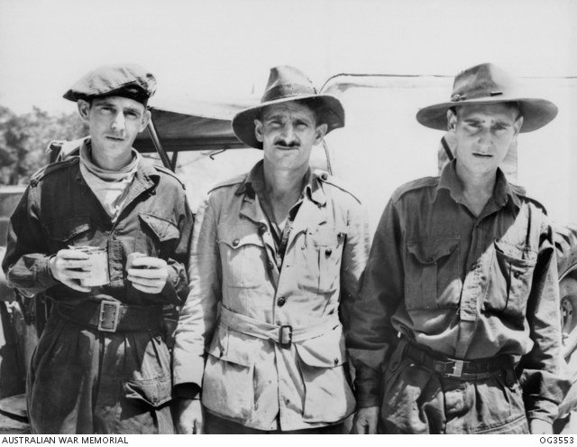 Nelson Short, William Sticpewich, and Keith Botterill standing together at Labuan after surviving the Sandakan–Ranau POW catastrophe.