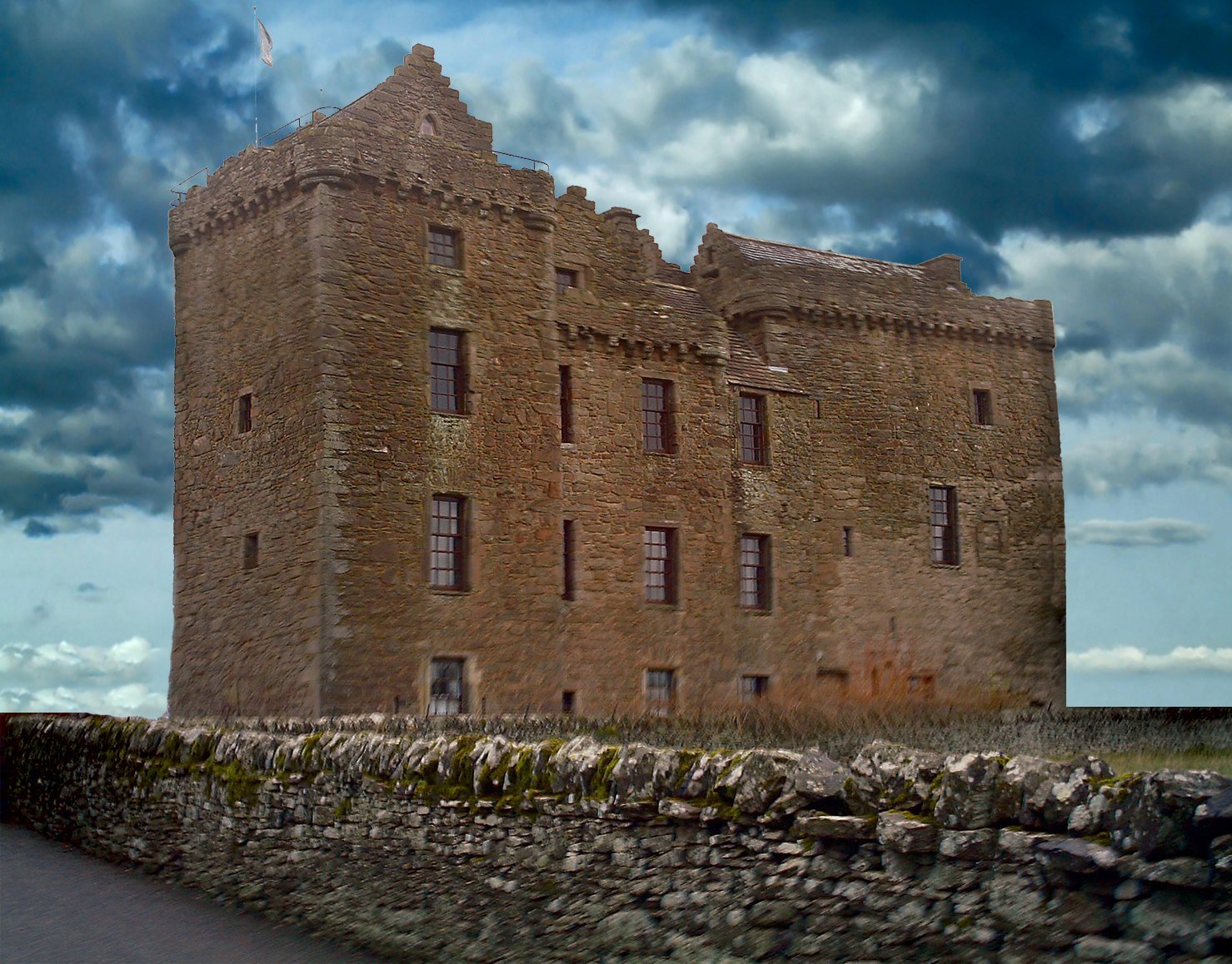 Stone towers of Huntingtower Castle near Perth, formerly the Place of Ruthven where James VI was held against his will in 1582.
