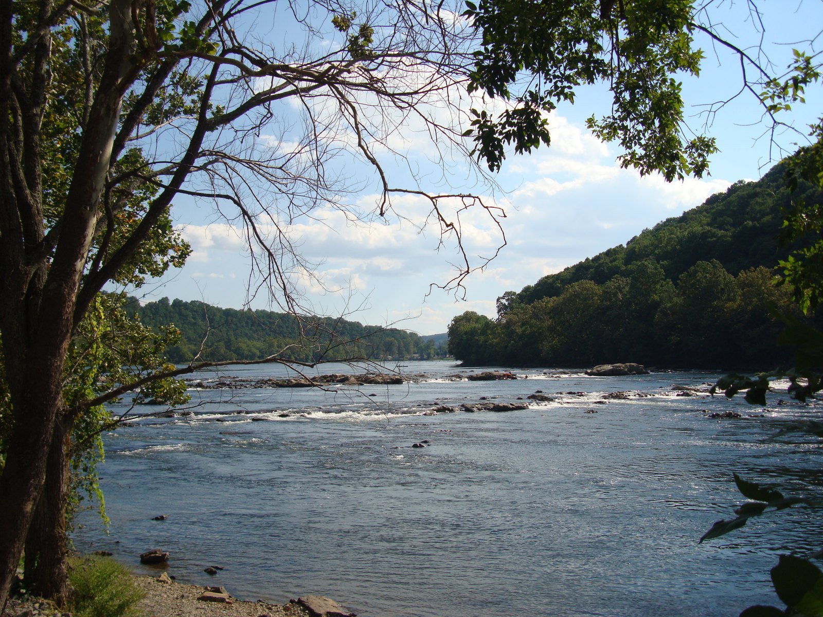 A broad section of the New River flowing through wooded hills in Virginia.