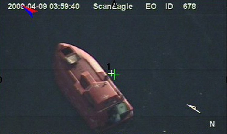 Aerial surveillance image of the enclosed Maersk Alabama lifeboat at sea during the April 2009 hostage crisis.