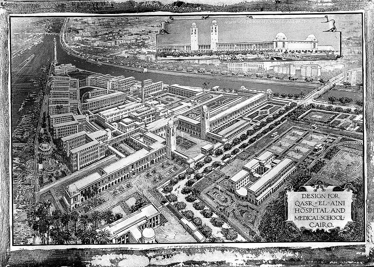 A 1922 architectural rendering of the Qasr al-Ayni Hospital and Medical School complex beside the Nile in Cairo.