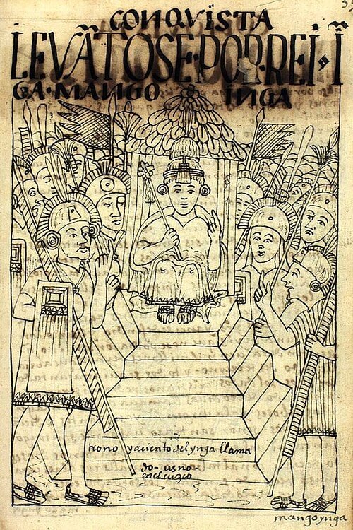 Early seventeenth-century drawing by Felipe Guaman Poma de Ayala showing Manco Inca seated on a ceremonial throne in Cuzco with attendants around him.