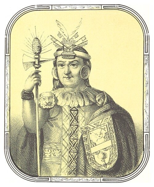Nineteenth-century illustrated portrait labeled as Manco Inca, showing a ruler holding a ceremonial staff and shield.