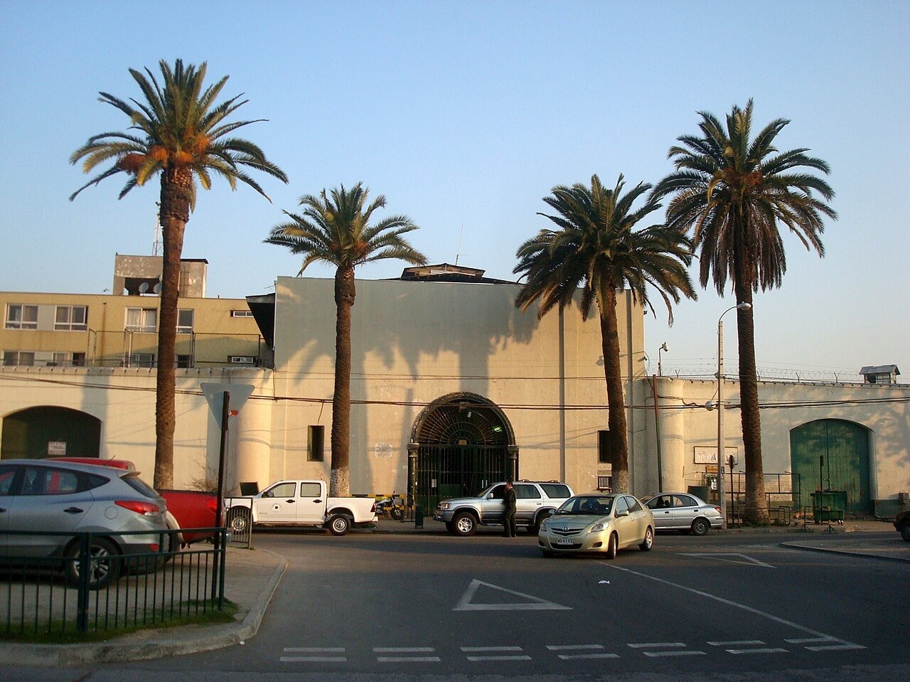 Exterior walls and entrance of Santiago's historic penitentiary complex, photographed from the street in 2010.