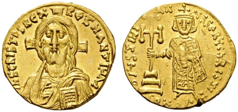 Gold solidus from Justinian II’s first reign showing Christ on one side and the emperor standing with imperial regalia on the other.
