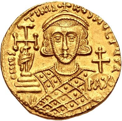 Gold solidus from Justinian II’s restored reign showing the crowned emperor holding Christian and imperial symbols.