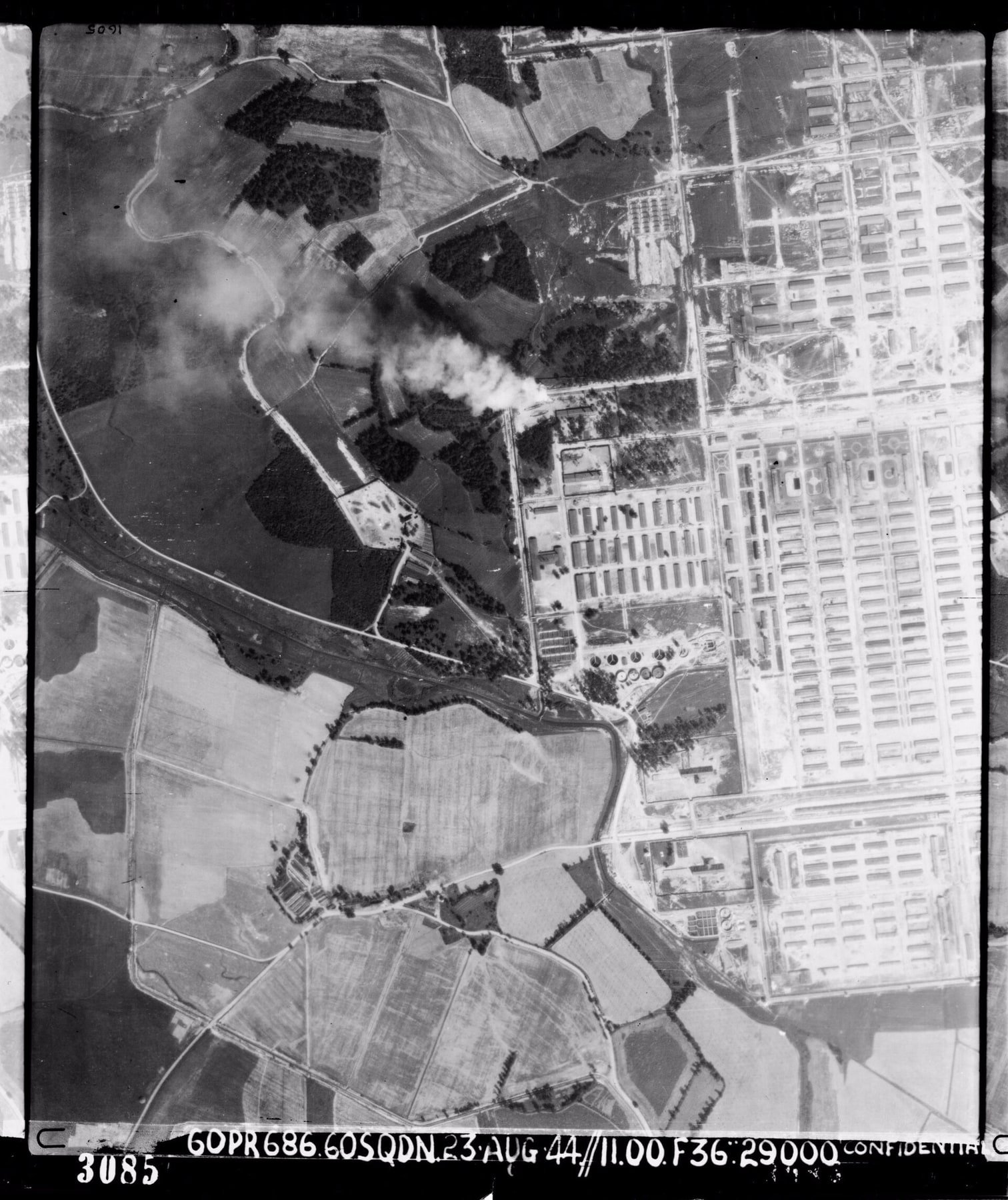 Black-and-white aerial reconnaissance photograph of Auschwitz II-Birkenau taken in August 1944.