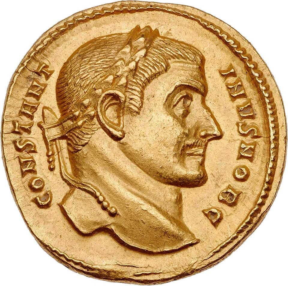 Gold aureus showing the profile of Constantine I as Caesar, struck in 307 CE.