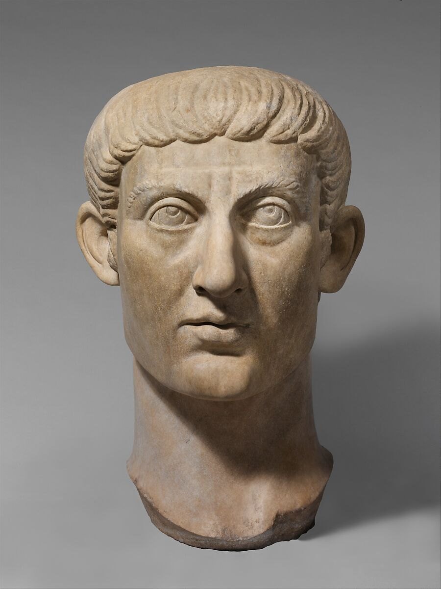 Monumental marble portrait head of Constantine I, made in the fourth century CE.