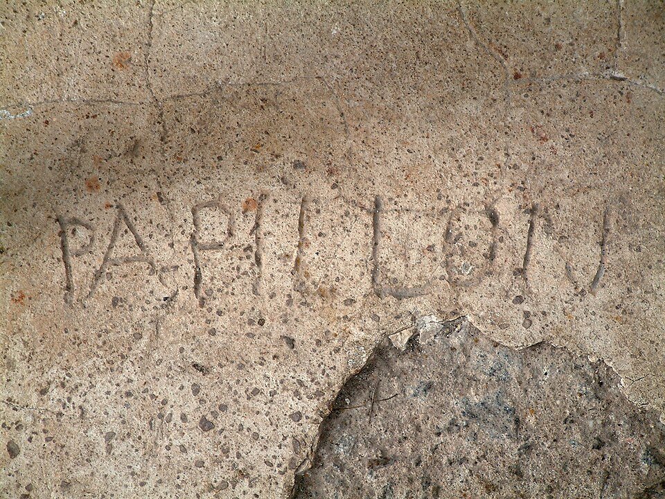 A weathered wall at the former Saint-Laurent-du-Maroni penal camp bearing an inscription reading “PAPILLON,” photographed in 2004.