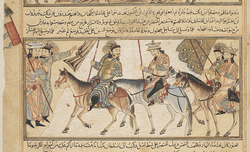 Fourteenth-century illustrated manuscript page showing al-Muntasir in battle and crossing a river during his later Samanid restoration campaigns.