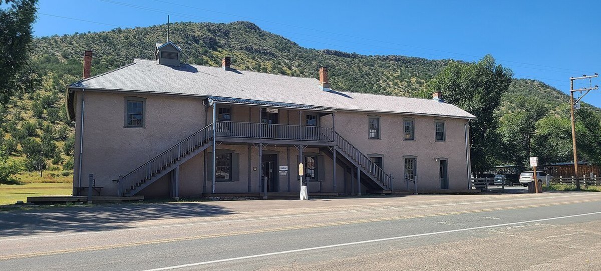 Exterior of the preserved Old Lincoln County Courthouse in Lincoln, New Mexico.