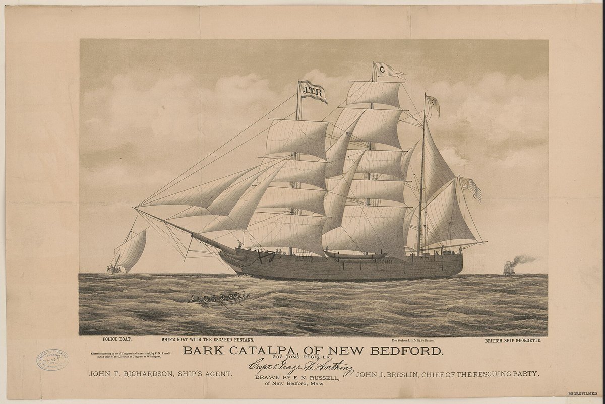 1876 lithograph of the American whaling bark Catalpa of New Bedford.