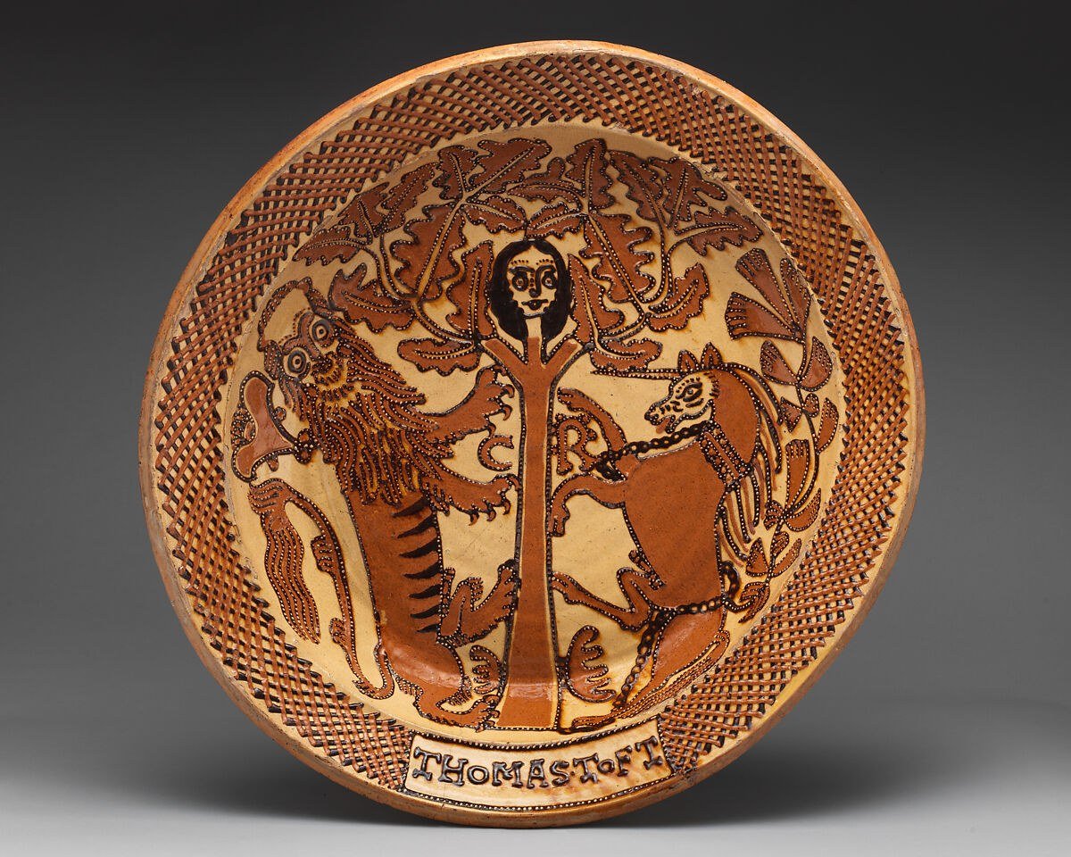 Late seventeenth-century Staffordshire dish showing Charles II hidden in an oak tree.