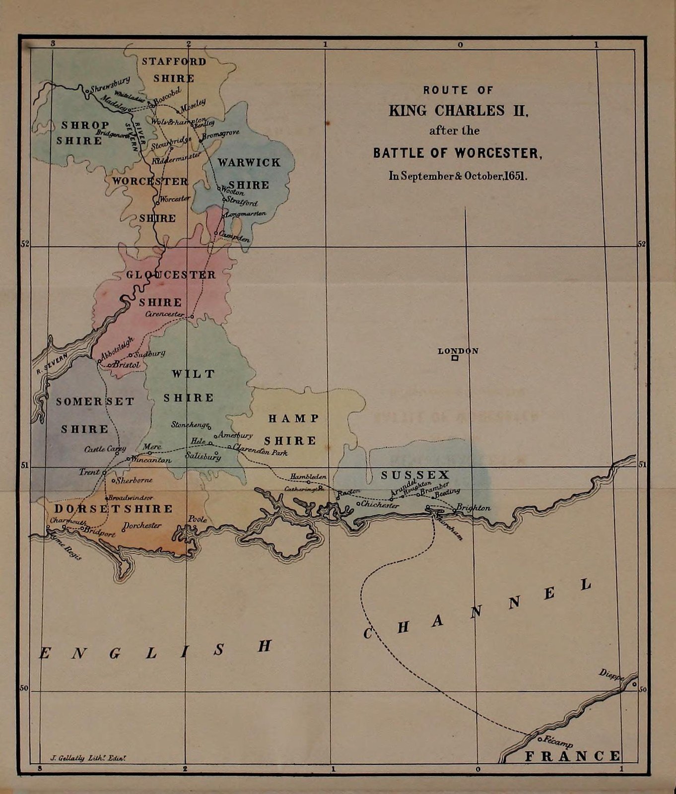 1851 historical map reconstructing Charles II's route after the Battle of Worcester.