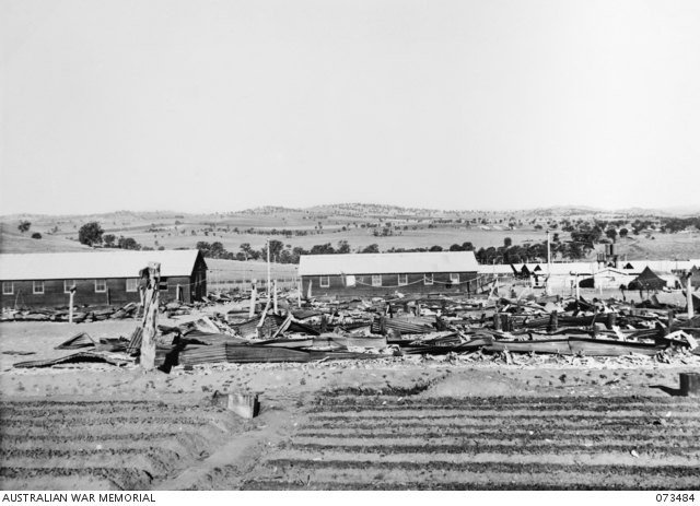 Fire-damaged huts in B Compound at the Cowra POW camp after the 1944 breakout.