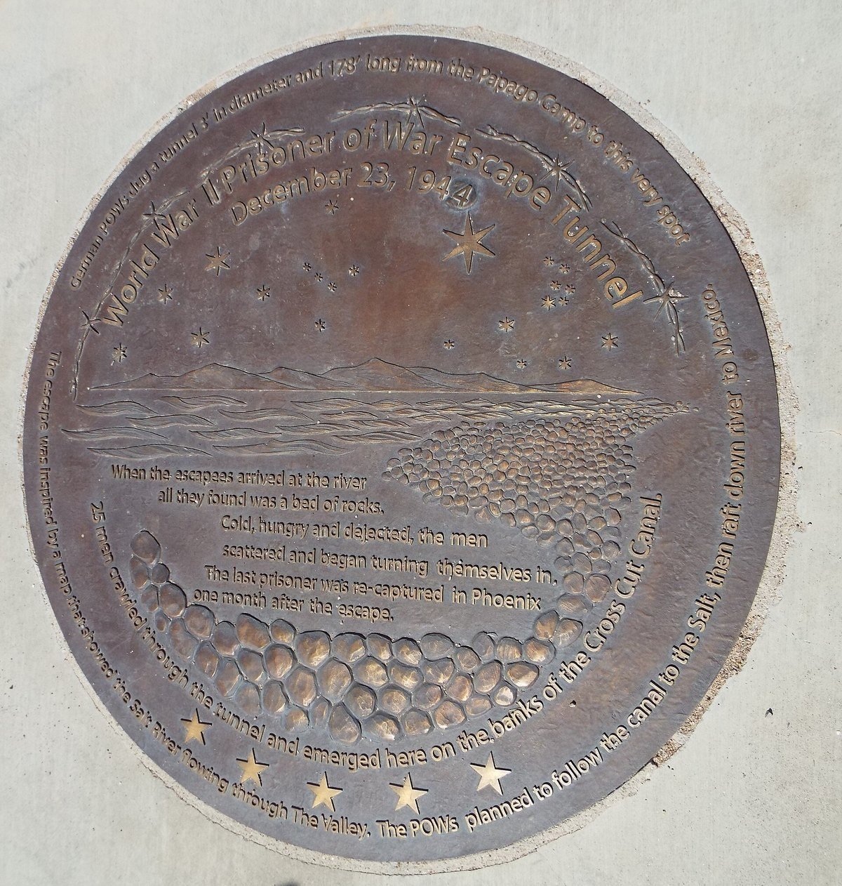 Modern marker near the site associated with the 1944 Great Papago Escape tunnel.