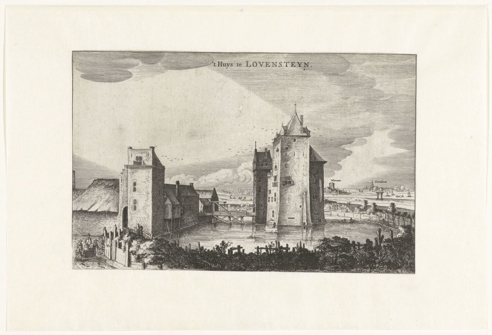 1621 print of Loevestein Castle depicting Hugo Grotius's escape in a book chest.