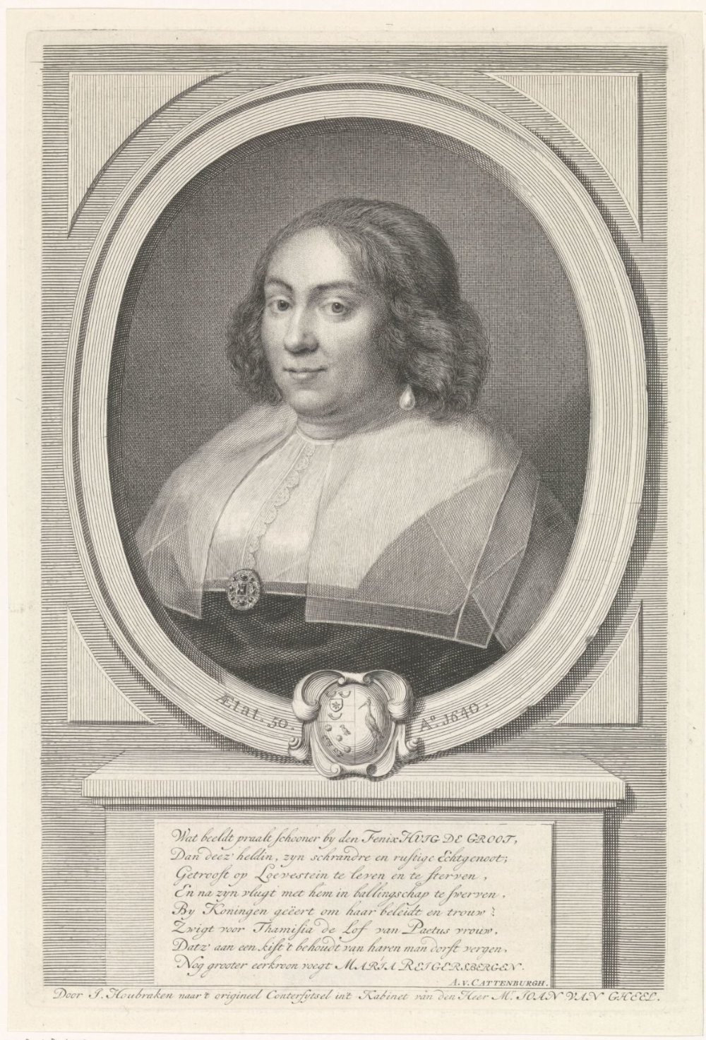 Engraved portrait of Maria van Reigersberch, who played a central role in planning Hugo Grotius's escape.
