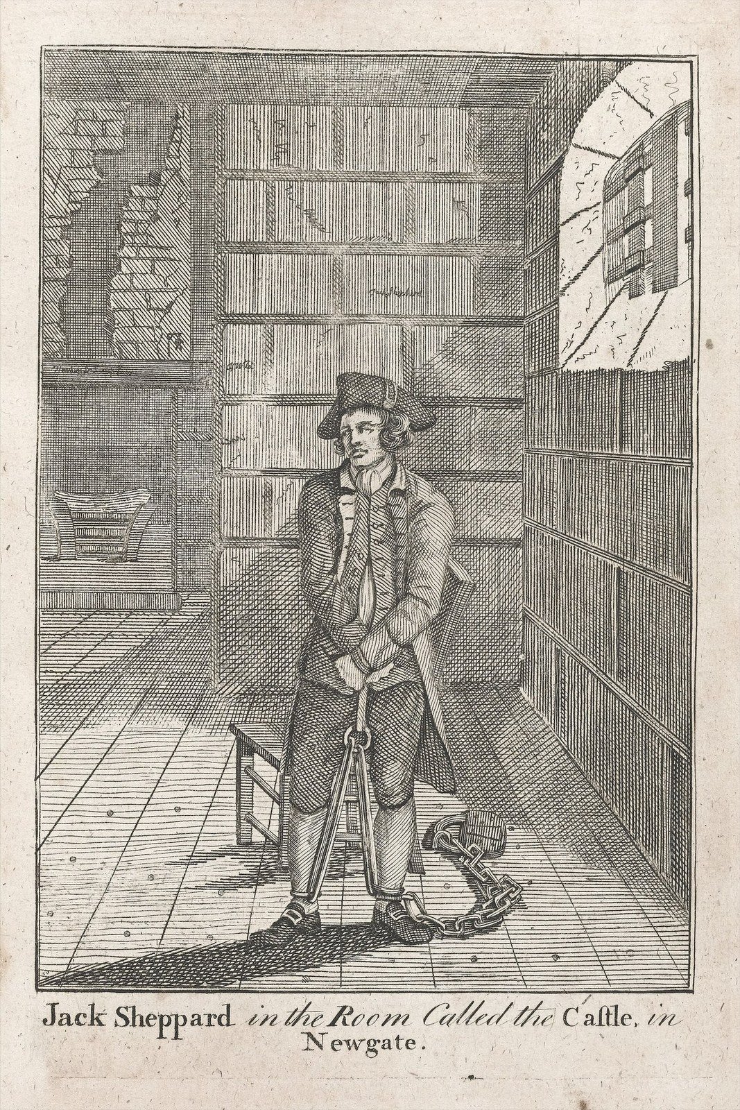 A 1795 illustration representing Jack Sheppard confined in Newgate’s Castle.