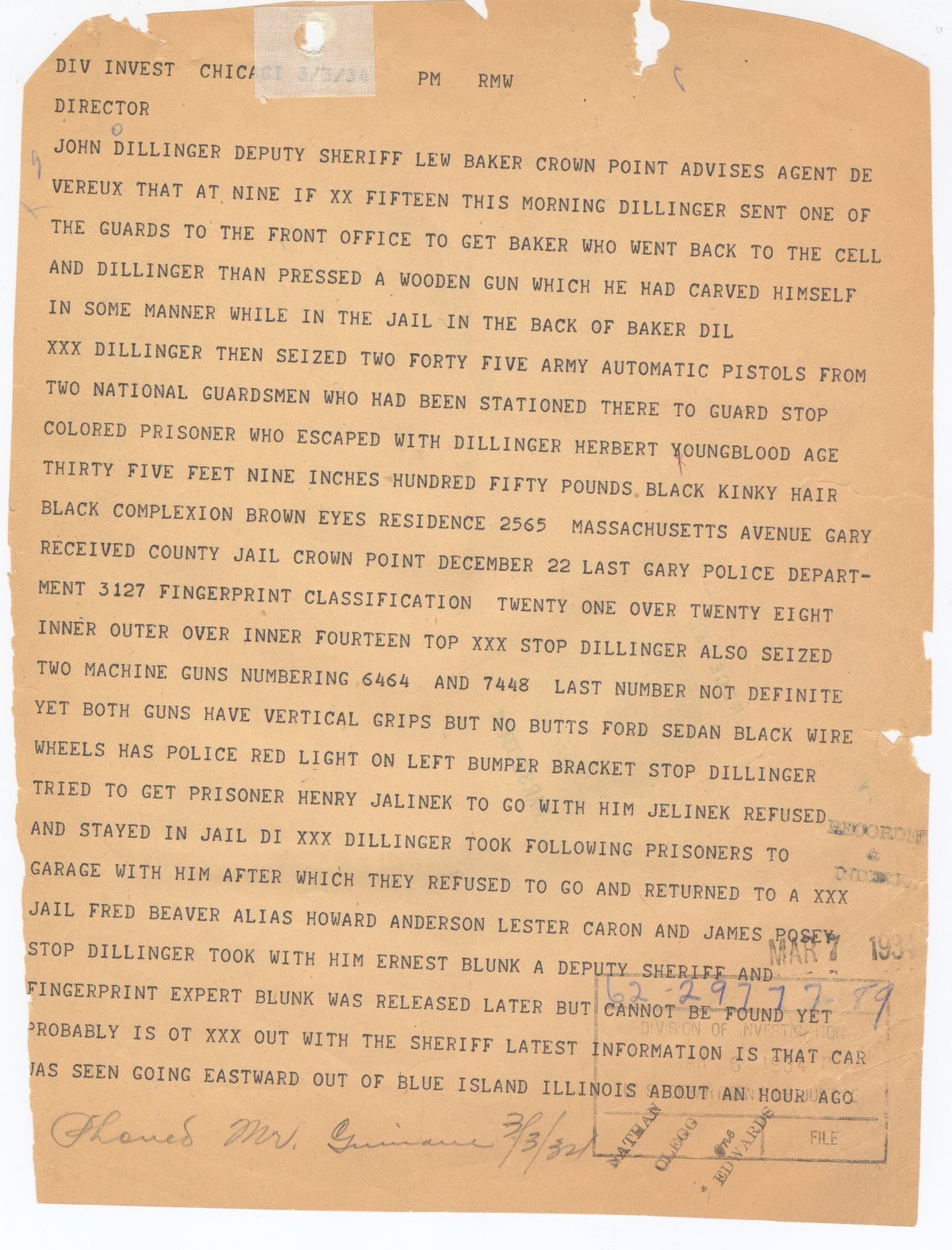 March 3, 1934 federal telegram from Melvin Purvis reporting John Dillinger’s escape from Crown Point jail.