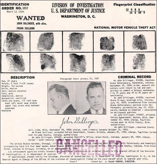 Federal Identification Order No. 1217 for John Dillinger dated March 12, 1934.
