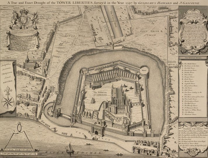 Historical plan showing the layout of the Tower of London as surveyed in 1597.