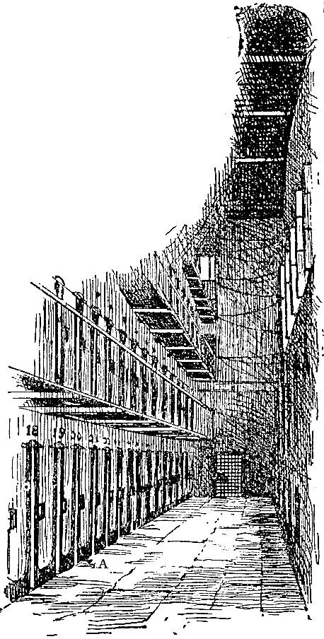 Retrospective illustration of the Ohio Penitentiary cell corridor associated with Thomas Hines’s escape account.