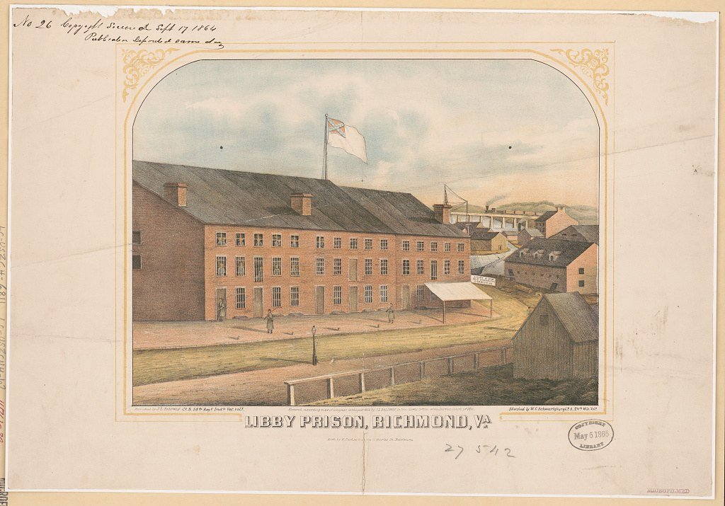1864 lithograph of Libby Prison in Richmond showing inmates at the windows and guards outside the building.