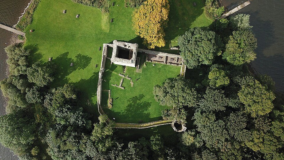 Aerial view of the ruins of Lochleven Castle on Castle Island in Loch Leven.
