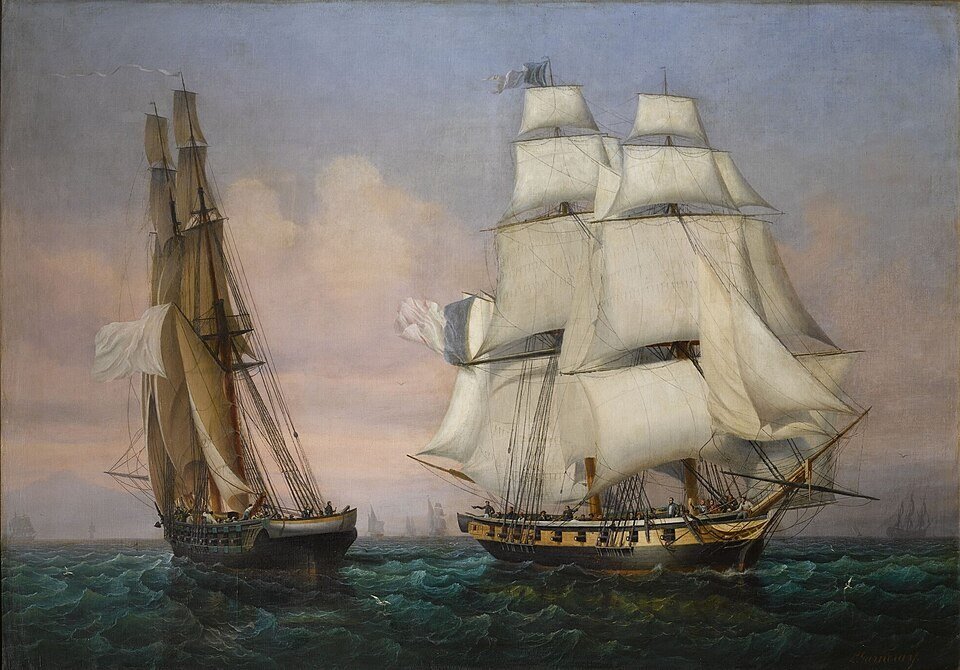 Later painting of Napoleon's brig Inconstant passing the French brig Zéphyr during the 1815 return from Elba.