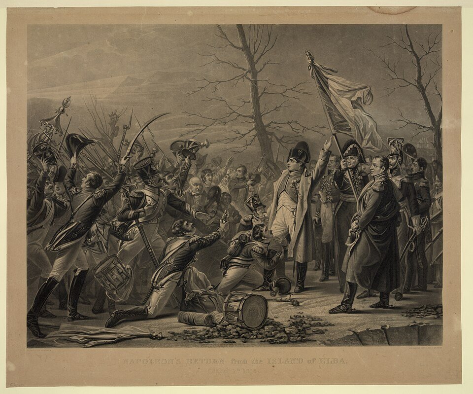 Nineteenth-century engraving showing Napoleon confronting and rallying French soldiers after his return from Elba.
